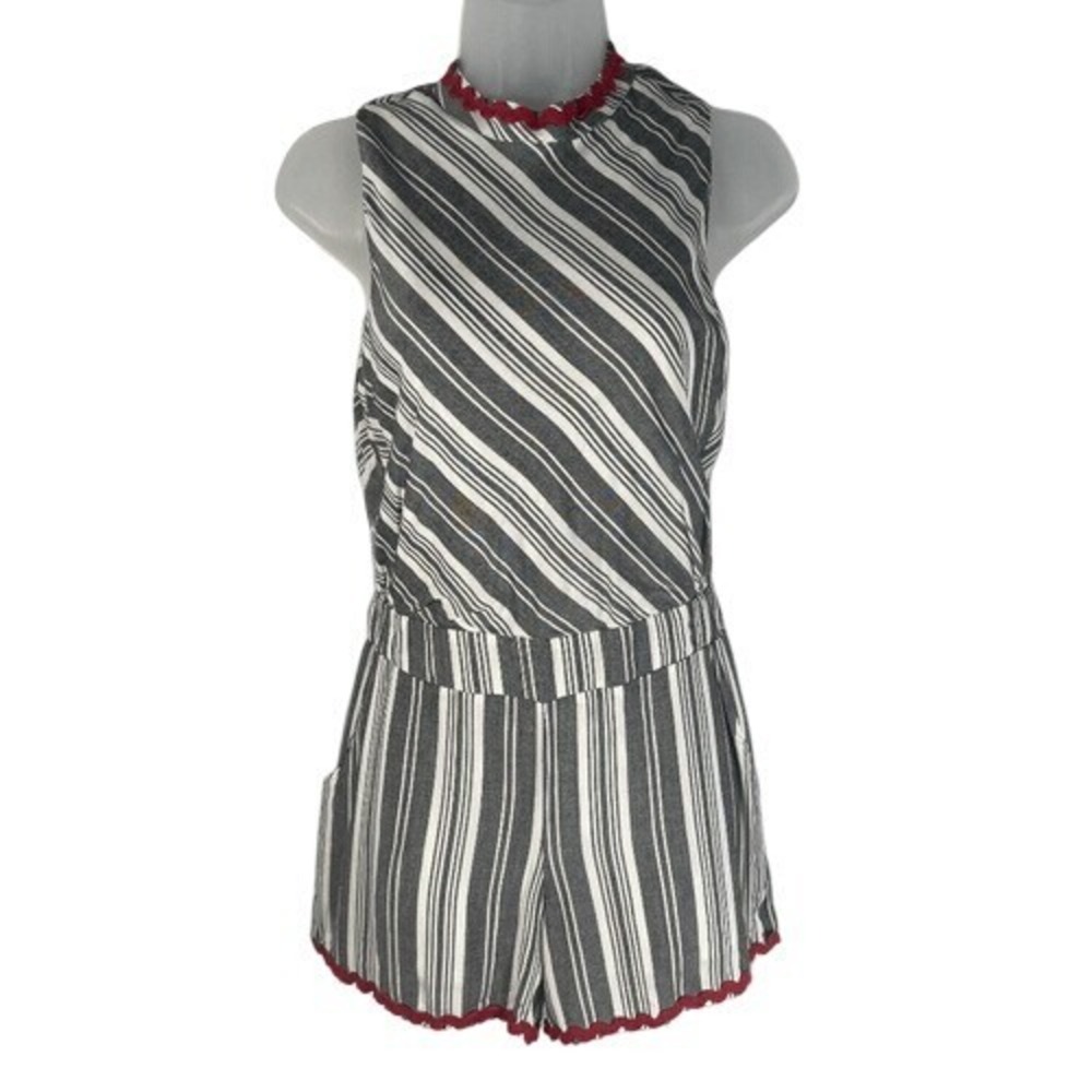 THML Striped Sleeveless Romper Navy‎ Red White Ruffle Trim Size S